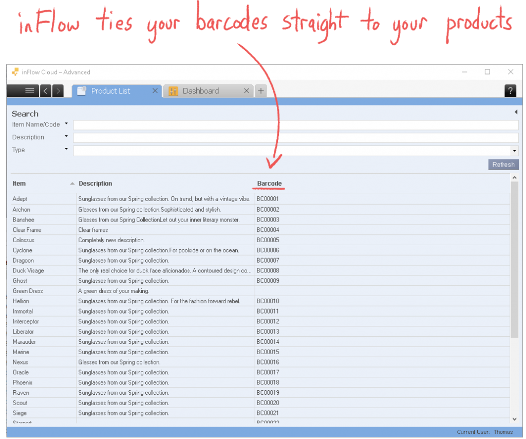 inFlow ties your barcodes straight to your products