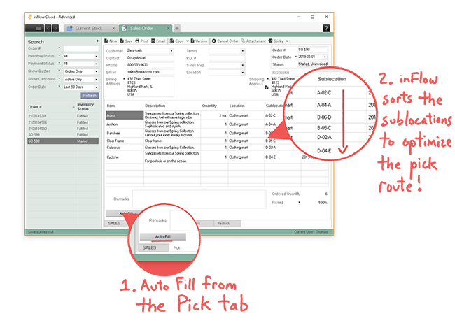 inFlow screenshot showing that inFlow sorts sublocations to optimize the pick route after using the auto fill button. 