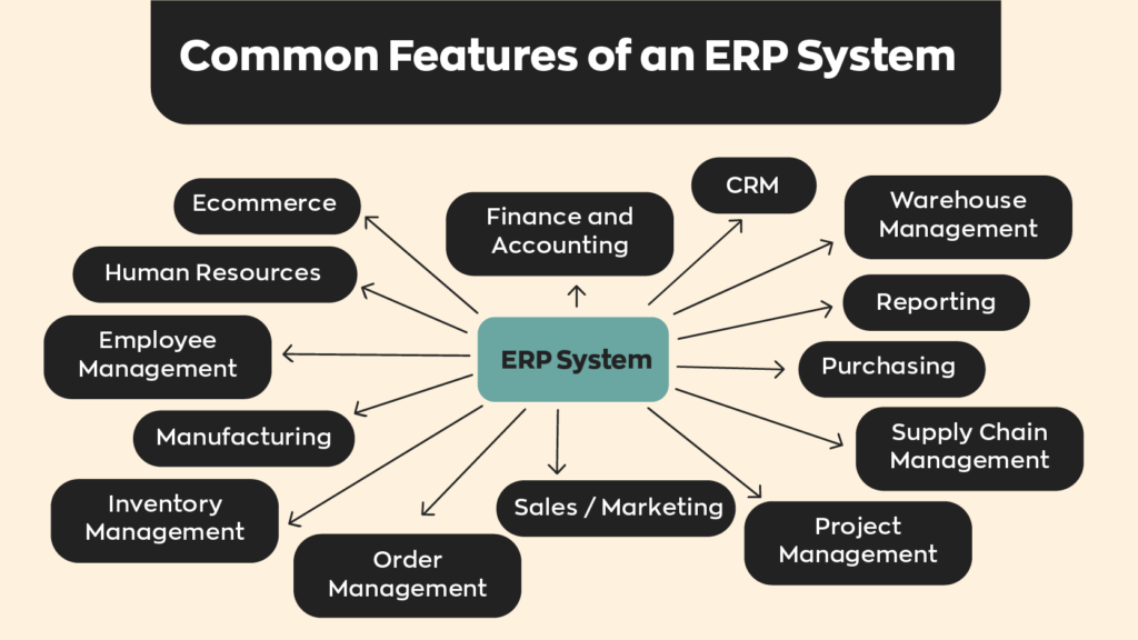 Common Features of an ERP System:
1. Finance and Accounting
2. Human Resources
3. Purchasing
4. Manufacturing
5. Inventory Management
6. Order Management
7. Warehouse Management
8. Employee Management
9. Supply Chain Management
10. CRM
11. Project Management
12. Reporting
13. Sales/Marketing
14. Ecommerce