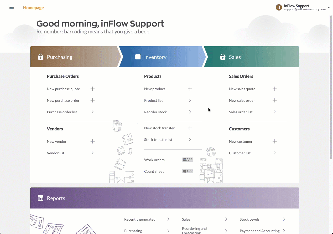 Animated image showing how to create a new product from inFlow's homepage.