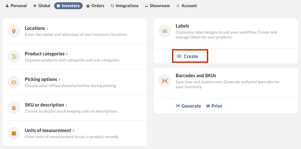 inFlow label printing: inFlow Inventory tab