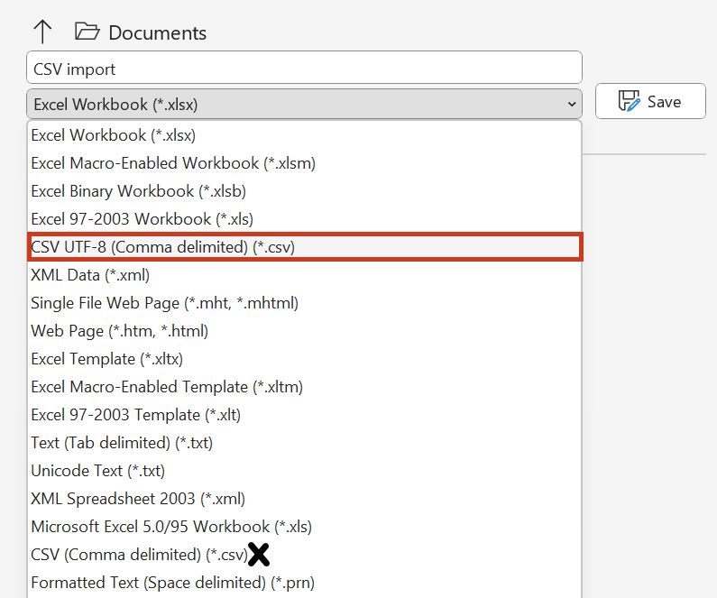 Screenshot from Microsoft Excel, showing that the import CSV should be saved as "CSV UTF-8 (Comma delimited) (*.csv)"