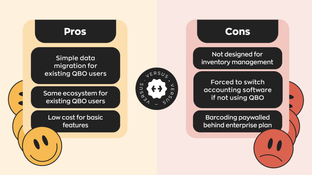 Pros of switching from QB Commerce to QBO:
- Simple data migration for existing QBO users
- Same ecosystem for existing QBO users
- Low cost for basic features
Cons of switching from QB Commerce to QBO:
- Not designed for inventory management
- Forced to switch accounting software if not using QBO
- Barcoding paywalled behind enterprise plan