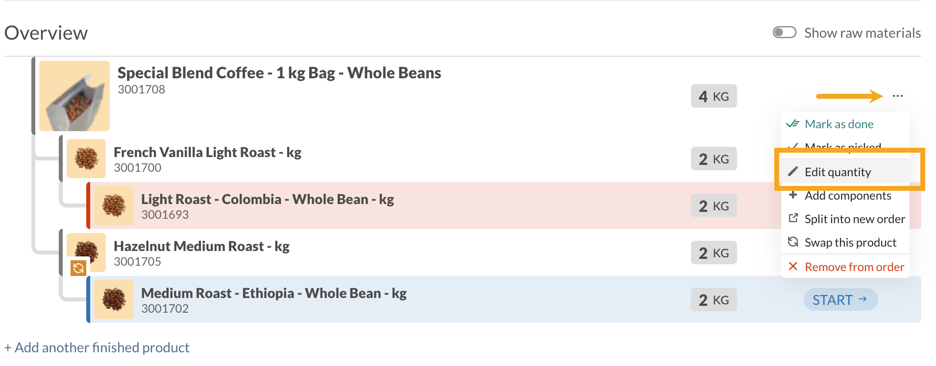 Component menu where you can edit the quantity of a component on the manufacture order. 