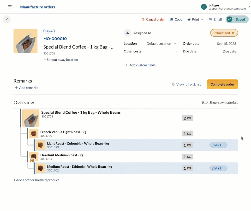 Image showing how to swap products on a manufacture order