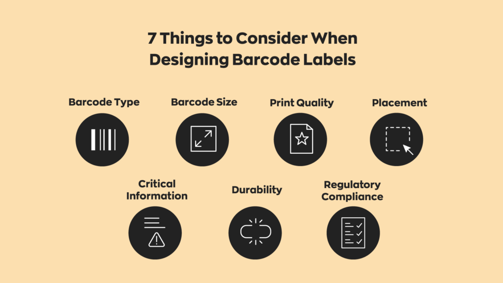 7 Things to Consider When Designing Barcode Labels:
1. Barcode Type
2. Barcode Size
3. Print Quality
4. Placement
5. Critical Information
6. Durability
7. Regulatory Compliance