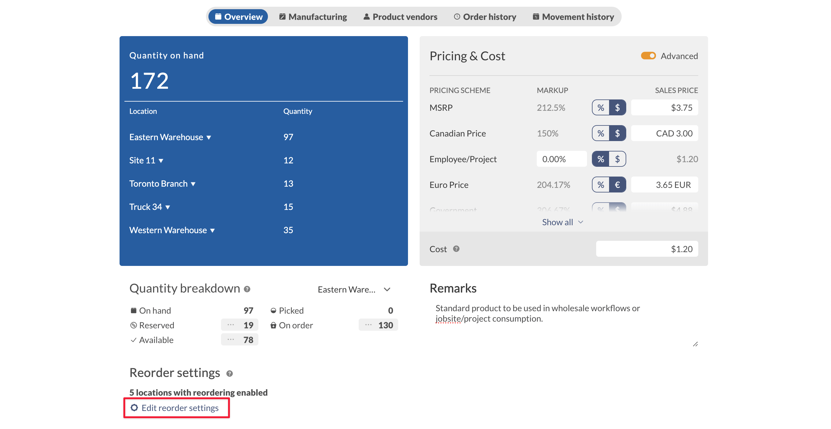 Overview tab on the product record. Showing where the “Edit reorder settings.” 