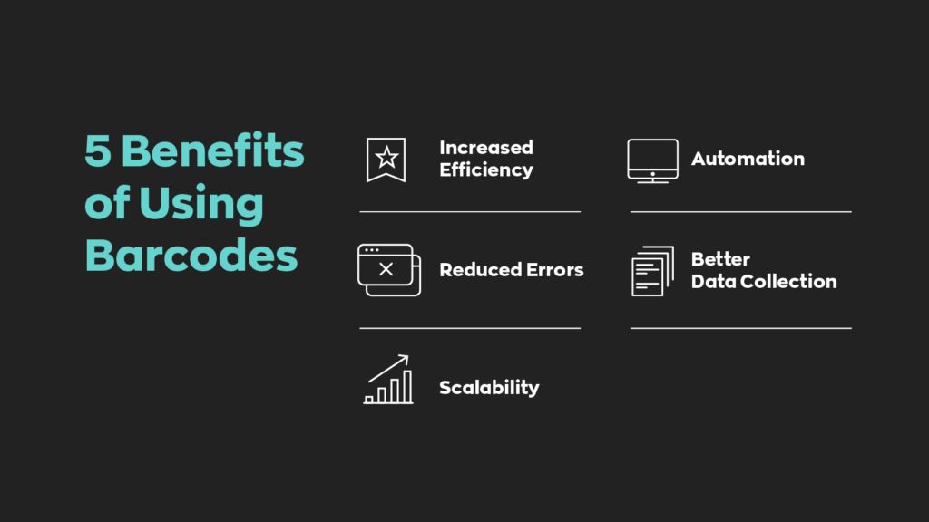 5 Benefits of Using Barcodes:
1. Increased Efficiency
2. Reduced Errors
3. Scalability
4. Automation
5. Better Data Collection
