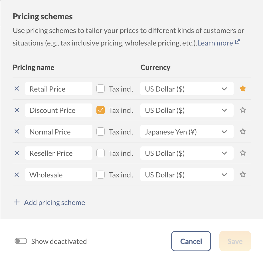 inFlow's Pricing scheme settings with multiple pricing schemes that have been created.