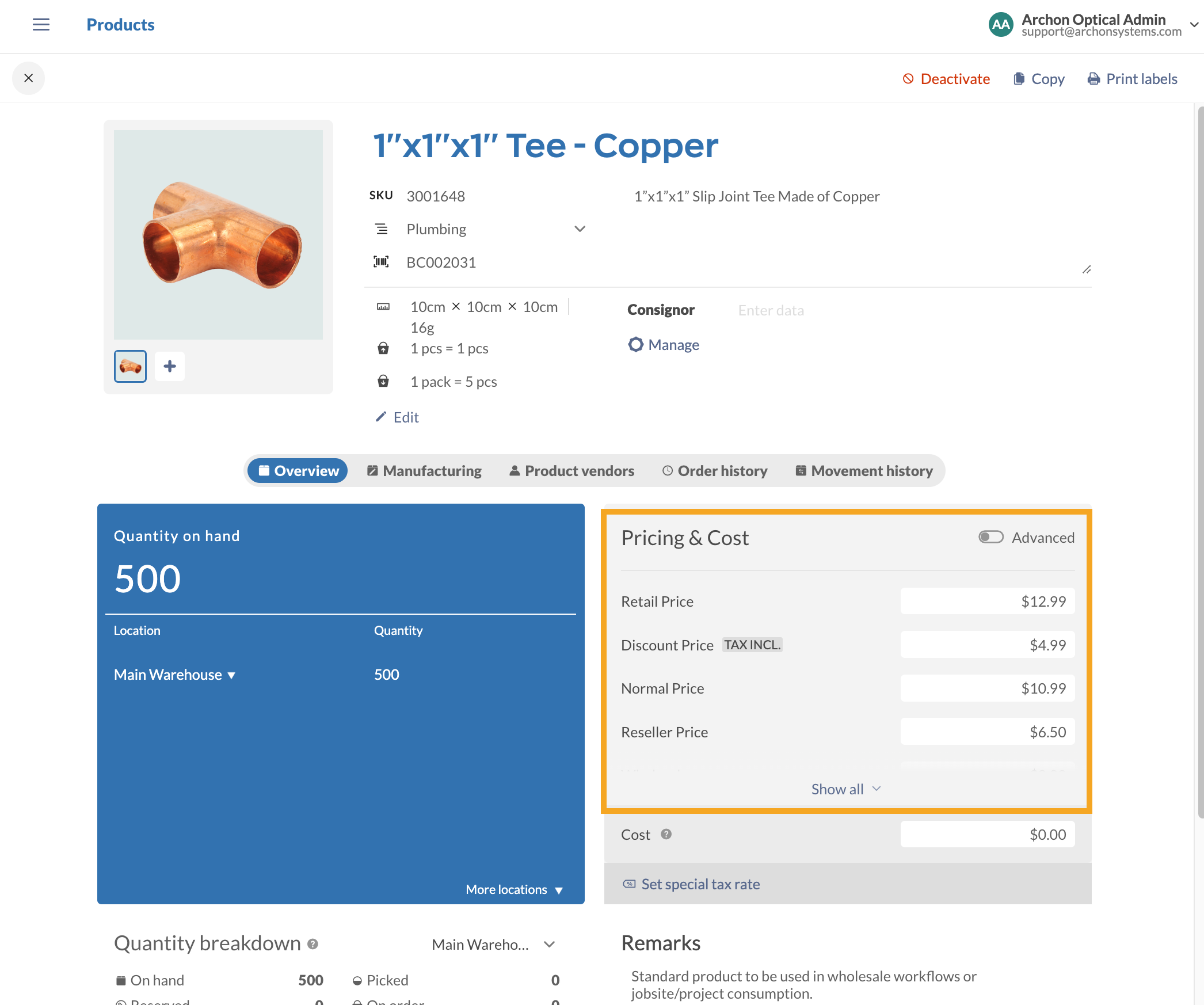 inFlow product record highlighting the newly imported pricing schemes 