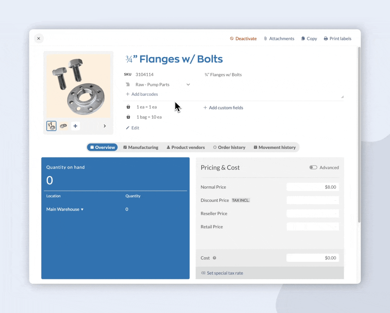 Adding a barcode to a product in inFlow.