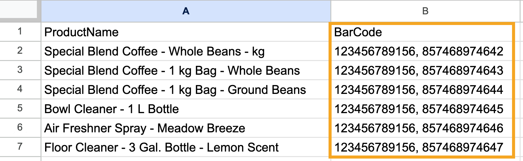 CSV template for importing multiple barcodes per product.