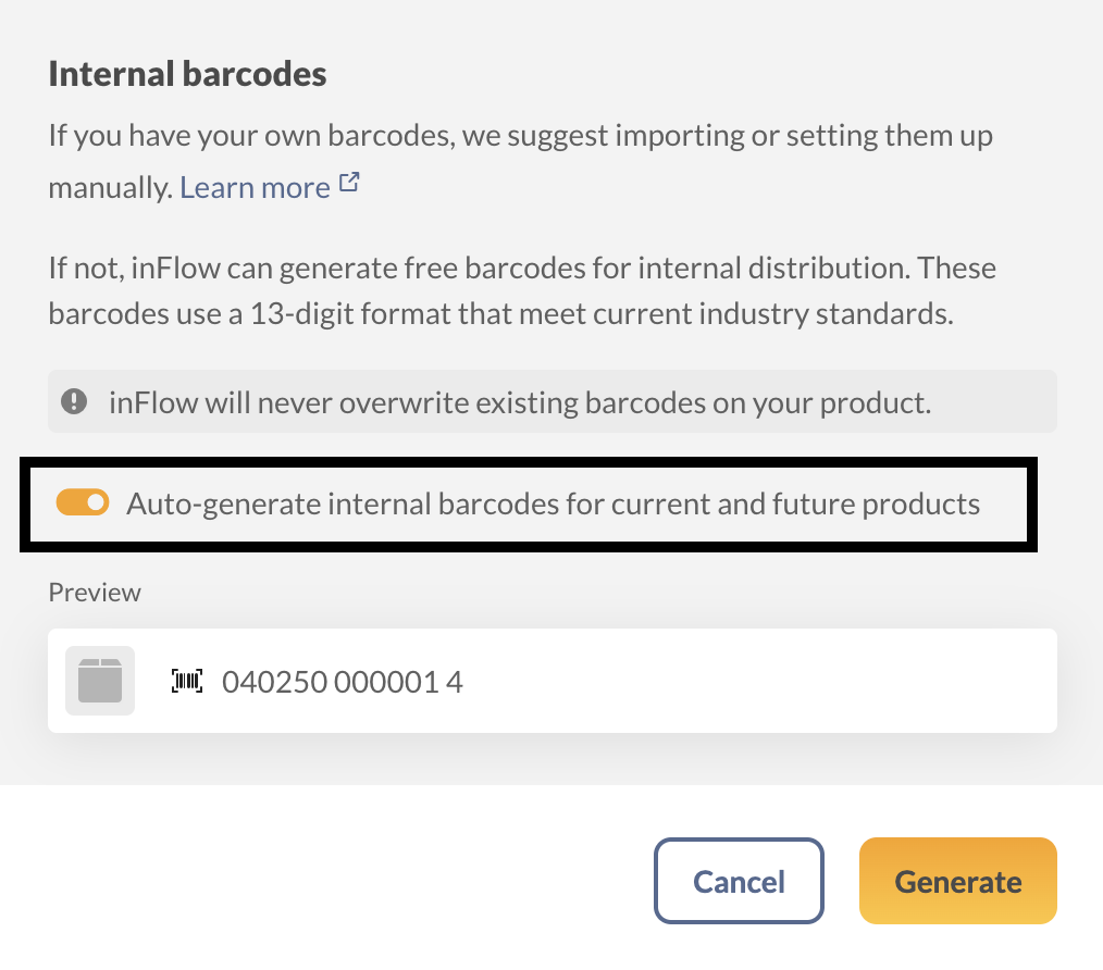 inFlow's internal barcode generator tool.