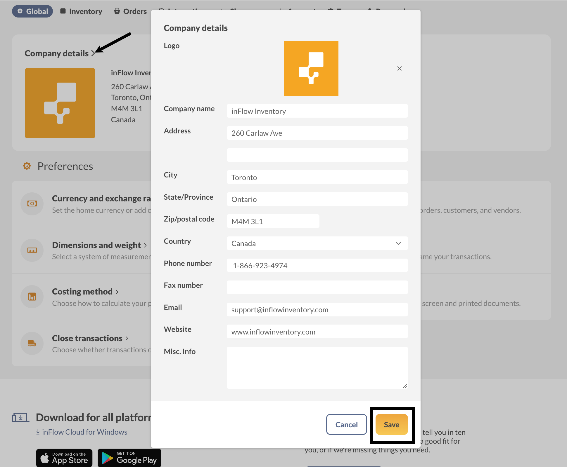 inFlow's Company details screen.