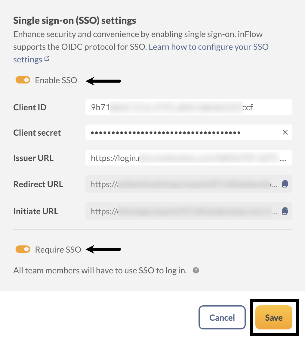 inFlow's single sign-on settings screen.