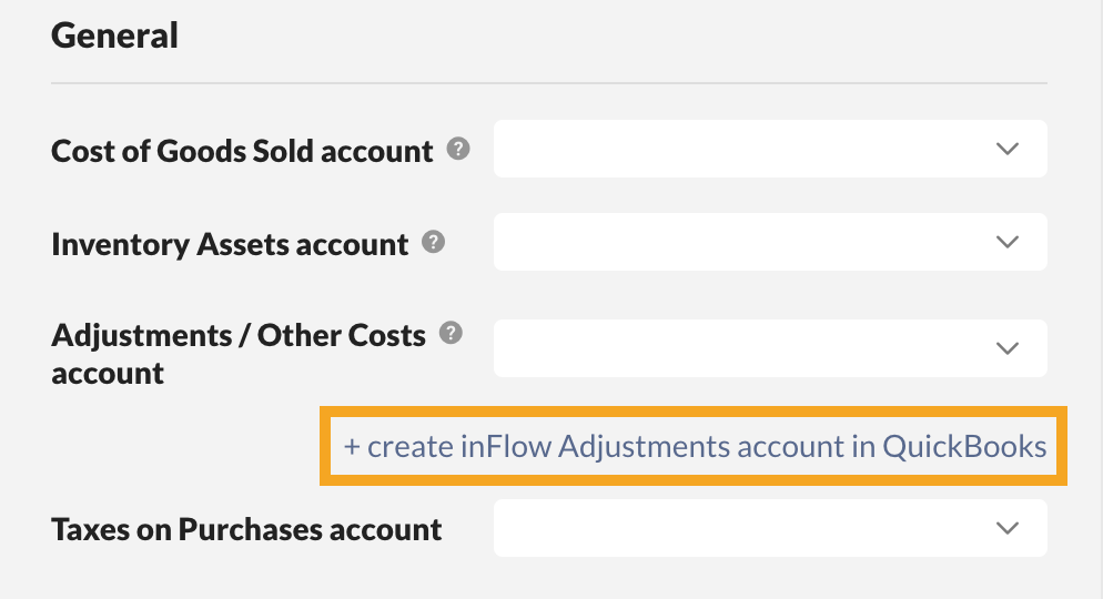 Alt: QuickBooks Online, integration setup screen, highlighting the "create inFlow adjustments account in QuickBooks" setting.