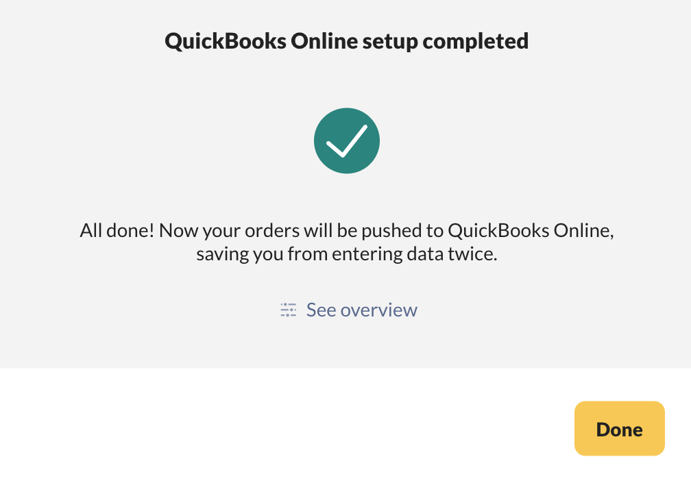 QuickBooks Online integration setup completed screen.