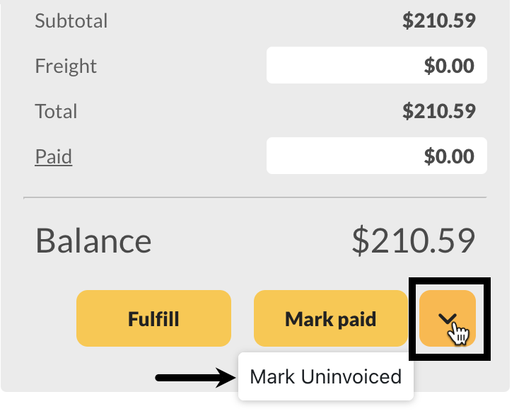 The inFlow sales order total area is where you can select the "Marked Invoiced" button to push orders to QuickBooks Online.
