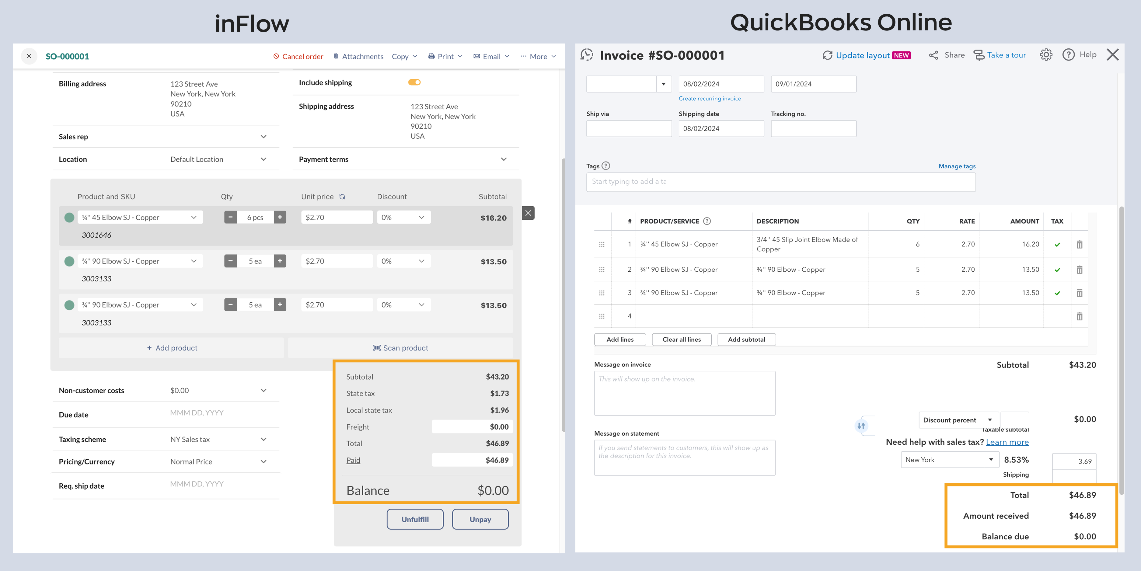 This is an example image showing an inFlow sales order that has been pushed to QuickBooks Online. With the Push and pull payments setting, the payment can be made in one system and synced to the other system.
