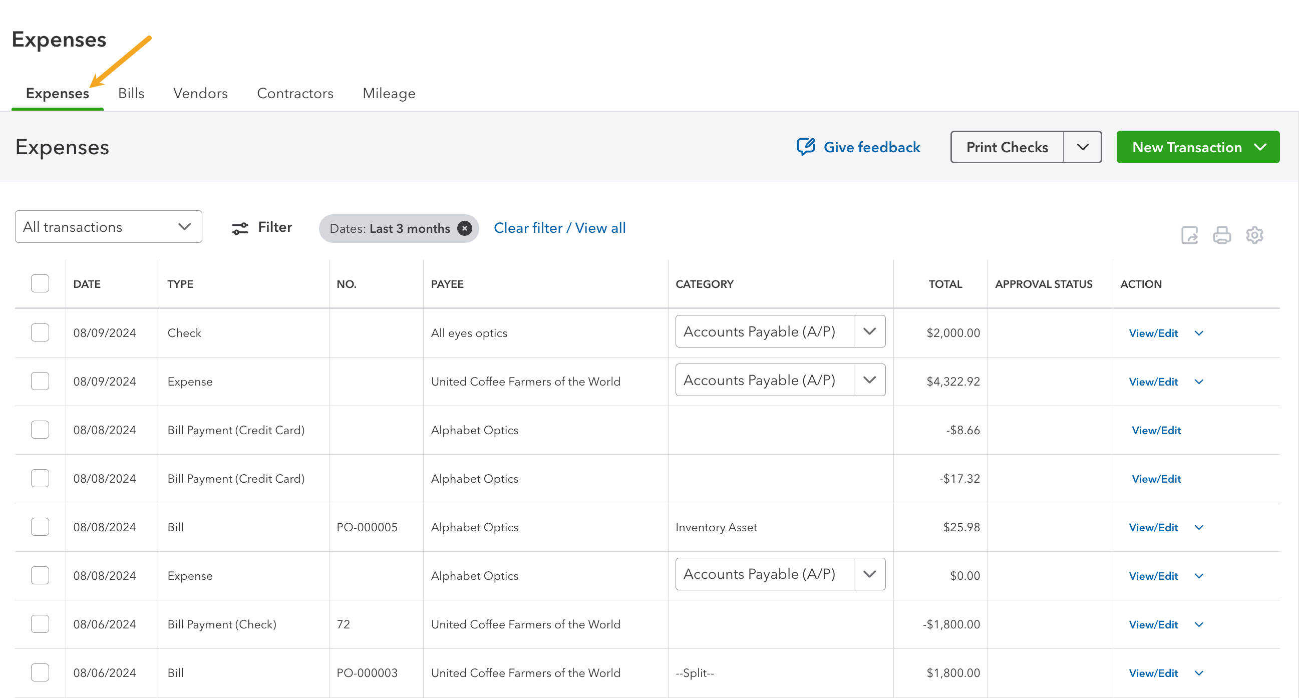 An image of where to find bills in QuickBooks Online where inFlow purchase orders will be pushed.
