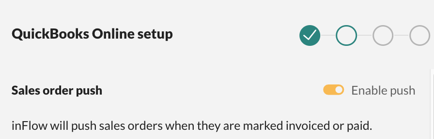 QuickBooks Online integration setup screen, where the Sales order push setting is toggled on.