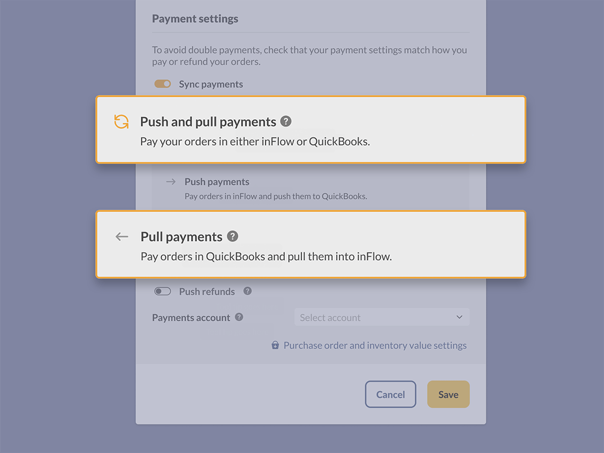 A screenshot of inFlow Inventory's two-way payment sync and payment pull settings