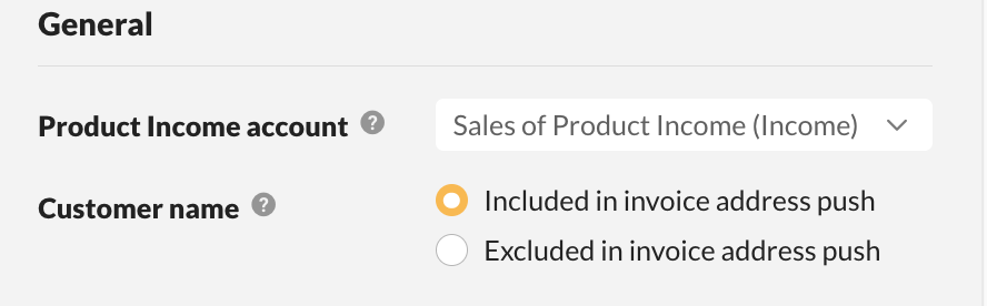 QuickBooks Online integration setup screen shows the "Product Income account" and "Customer name settings."