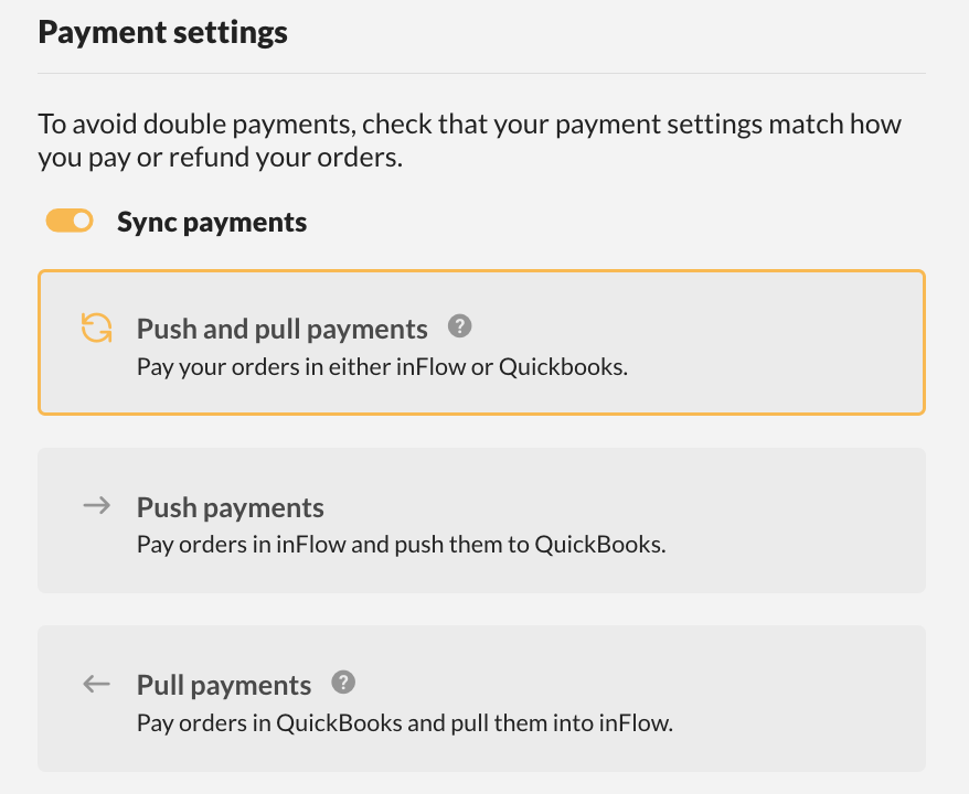 QuickBooks Online integration sales order push payment setting options.