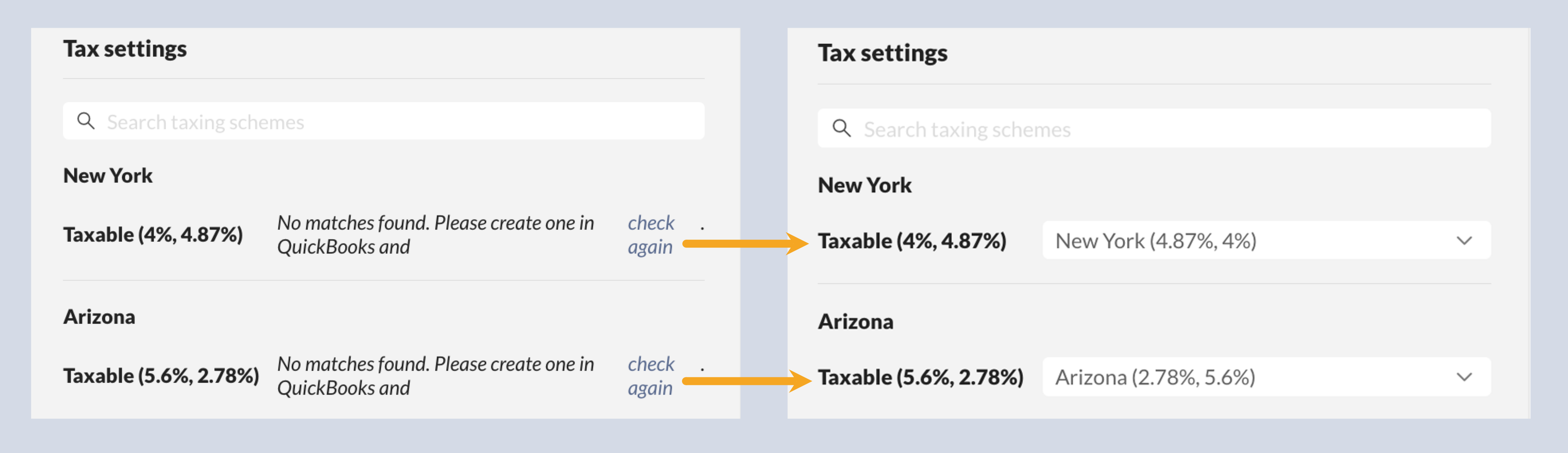 QuickBooks Online integration sales order push tax settings. The image to the left shows the integration settings without taxes created in QuickBooks Online, and to the right are the integration settings where taxes have been created in QuickBooks Online and are available to choose from.