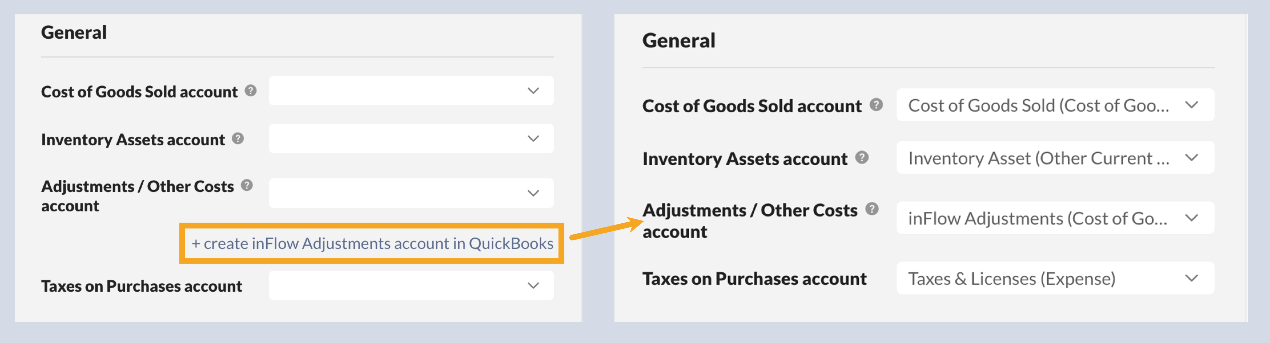 QuickBooks Online integration screen shows the purchase order and inventory value push account setup.
