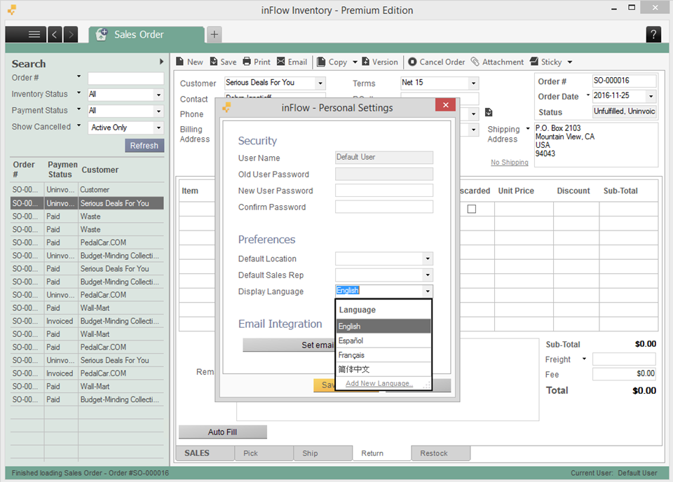 Personal Settings - Display Language