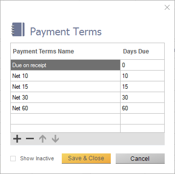 List of default payment terms in inFlow. Showing:
Due on receipt
Net 10
Net 15
Net 30
Net 60