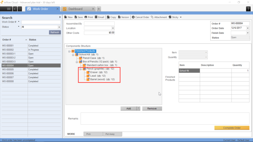 Work order screen on inFlow Inventory for Windows. Showing subassemblies on a work order.