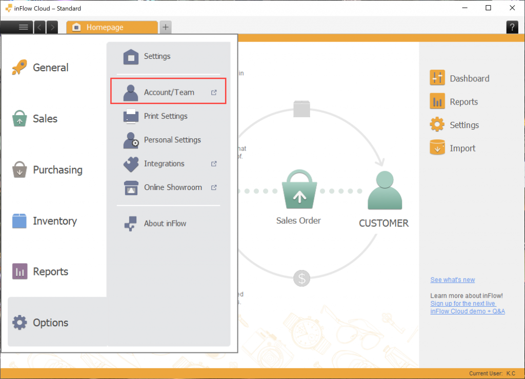 inFlow Inventory for Windows Homepage screen, with the Main menu, then Options selected. 