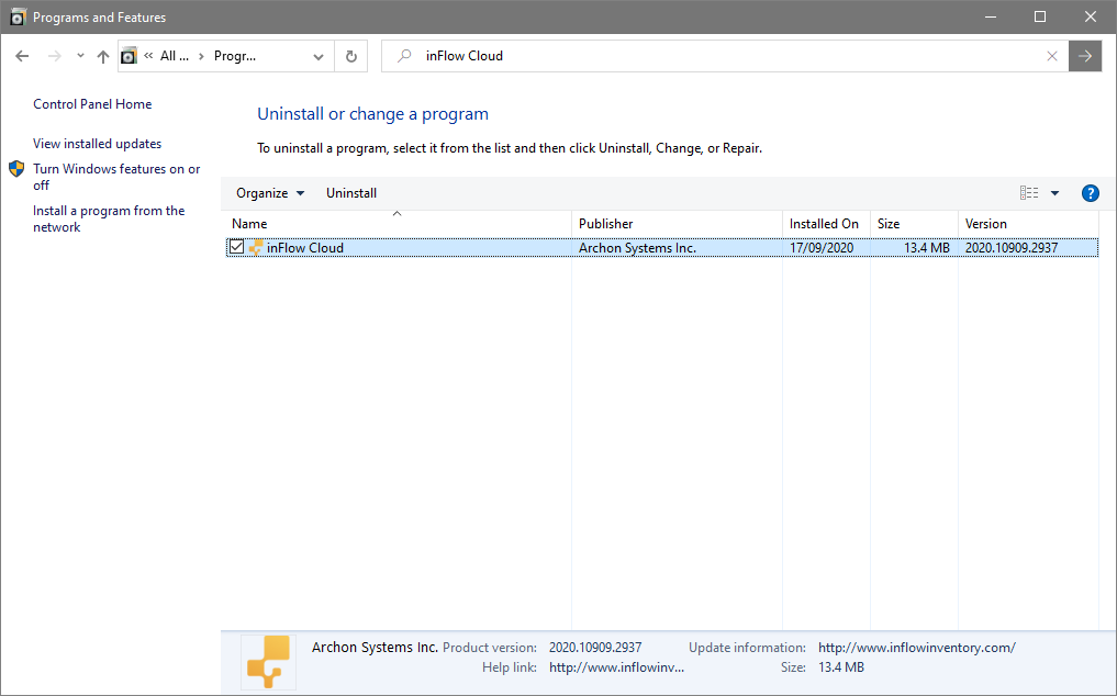 Windows Programs and Features window showing how to uninstall inFlow Inventory for Windows