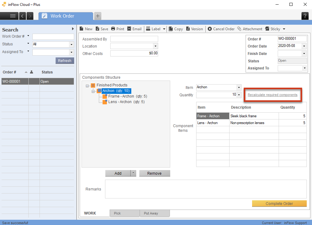 Work order screen on inFlow Inventory for Windows. Showing where to recalculate the component products after changing the work order quantity. 