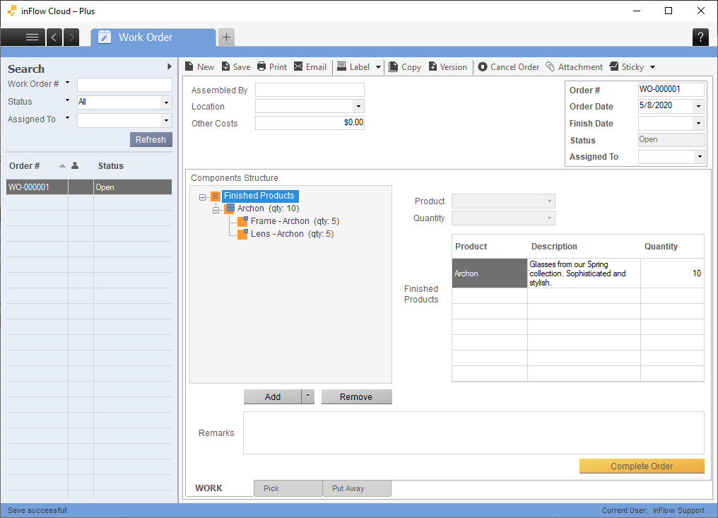 Work order screen on inFlow Inventory for Windows. Selecting the finished product, showing the components. 